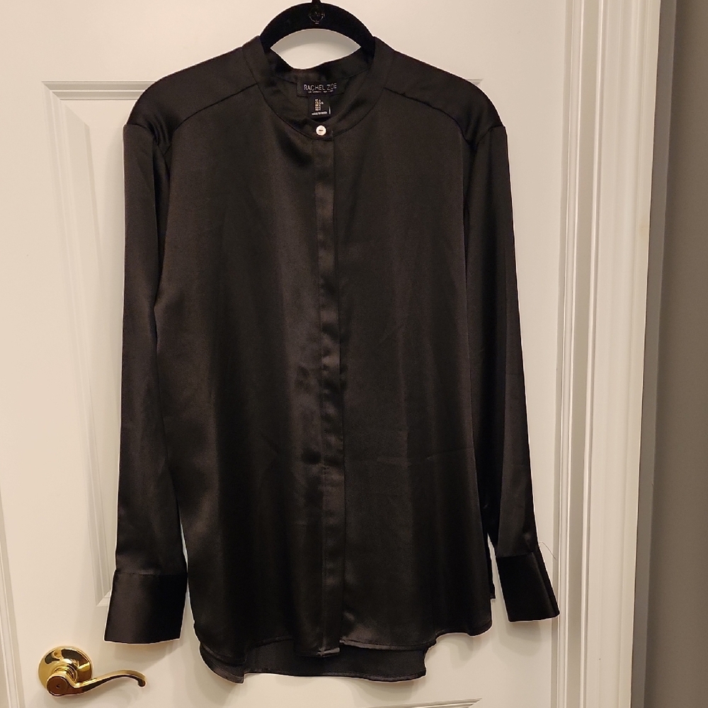 Rachel Zoe Black Satin Button-Up Blouse